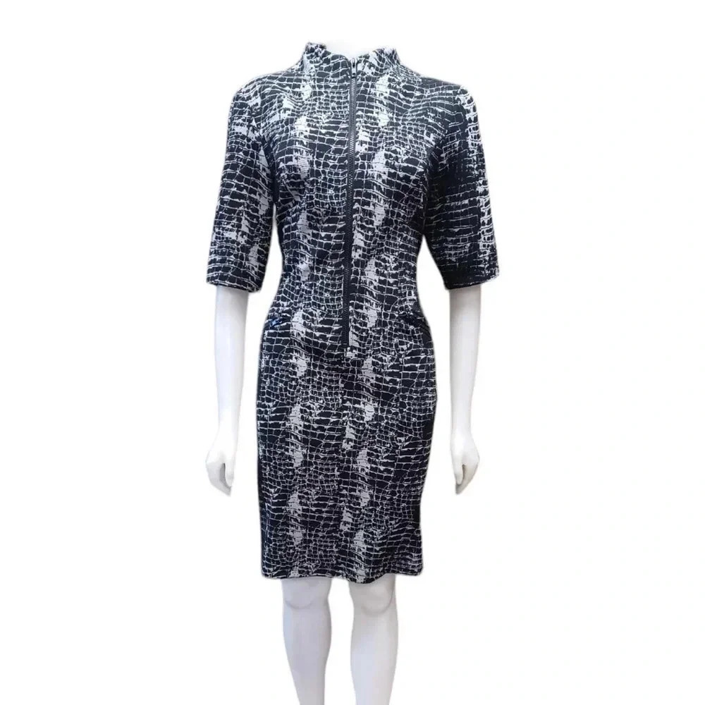 Connected Black Grey Geometric 3/4 Sleeve Midi Dress Size 10